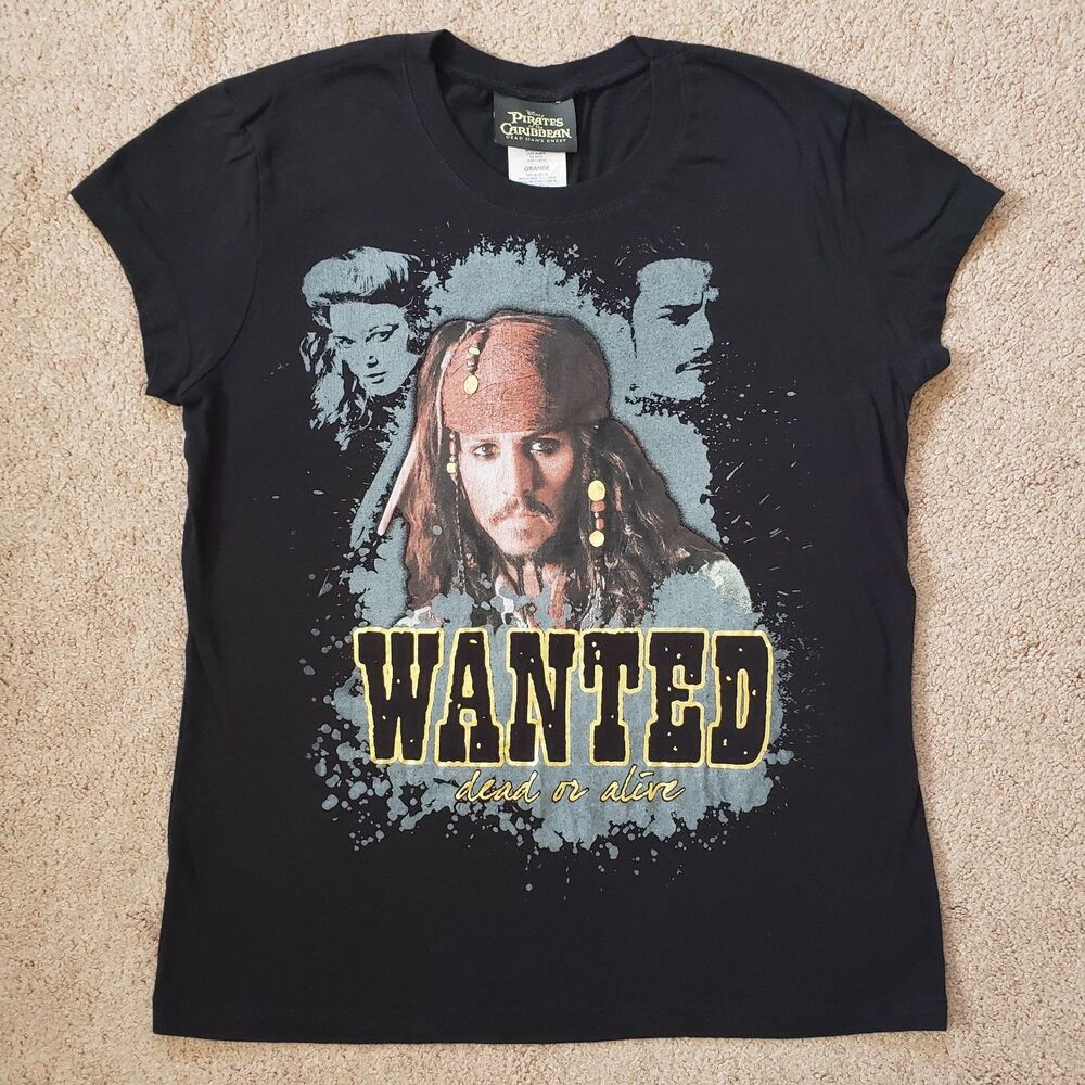 Vtg Disney Pirates Of The Caribbean Baby Tee Jack Sparrow Wanted Dead Of Alive L